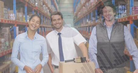 Poster - Animation of infographic interface over smiling diverse coworkers standing in warehouse