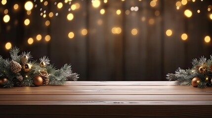 Fototapete - Winter Christmas product display template with empty wooden table fir branches and lights. Mockup image