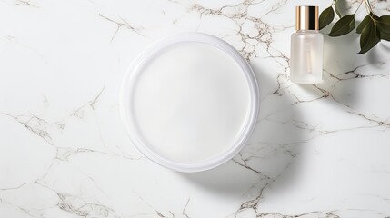 Poster - Flat lay mockup scene featuring beauty cosmetics product presentation on a white marble table with a white circle shape and copy space Trendy sunlight and top vi