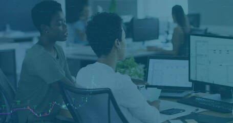 Poster - Animation of multicolored graphs over diverse female coworkers discussing on desk in office