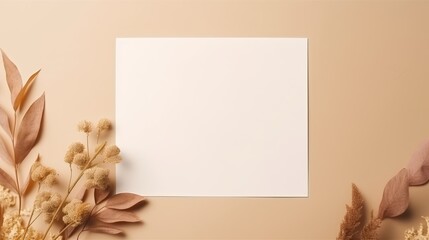 Poster - Business brand template with blank paper dry flower buds and shadow on beige background. Mockup image