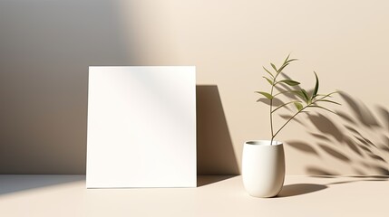 Aufkleber - Minimal business brand template with blank card and tan glass vase on white background . Mockup image