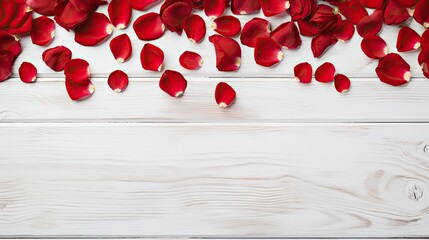Poster - Red roses on a white rustic wooden background Holiday mockup with space for text