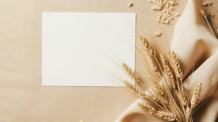 Poster - Paper card with linen cloth dry oats top view beige neutral tone Copy space for text brand and design. Mockup image