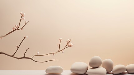 Aufkleber - Neutral background with stones branch and natural colors ideal for beauty product branding and packaging Front perspective copy space. Mockup image