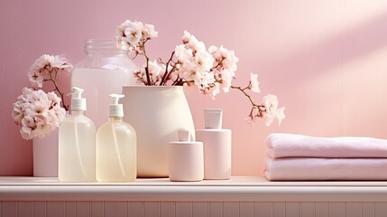 Aufkleber - Pastel pink bathroom decor with elegant accessories and soft lighting. Mockup image