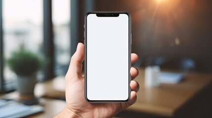 Poster - Cell phone with blank screen held by man at home office. Mockup image