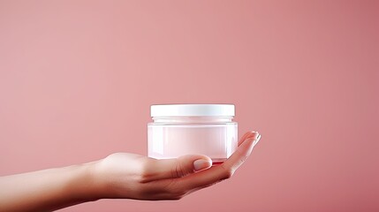 Aufkleber - High quality photo of female hand holding cosmetic cream jar on pink background Copy space available for branding of beauty product . Mockup image