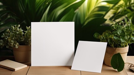 Poster - Table with blank cards for business branding and copy space. Mockup image