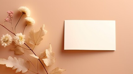 Poster - Minimal brand template with blank card and floral shadows on beige background for top view flat lay . Mockup image