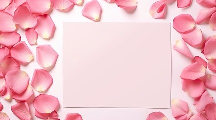 Canvas Print - Minimal Valentine s Day template with a blank card pink rose petals in flat lay view. Mockup image