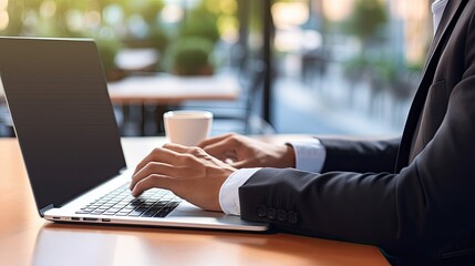 Aufkleber - A young man using a laptop at his office desk with space for advertising. Mockup image