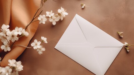 Poster - Minimal wedding and birthday invitation template on textile background with envelope and floral branch Top view. Mockup image