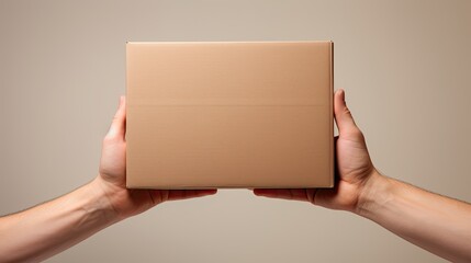 Poster - Empty hands holding a cardboard box on a bright backdrop. Mockup image