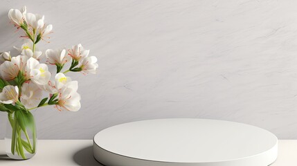 Poster - Round empty podium with white flowers on light grey background Natural frame for advertising Copy space Flat lay. Mockup image