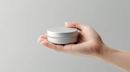 Poster - Hand of woman holding empty circular tin container for lip balm or cream on light gray background Cosmetic product branding presentation Space for text. Mockup image