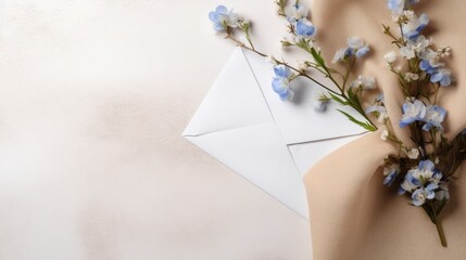 Poster - Minimalistic invitation template for weddings and birthdays featuring an empty open envelope copy space a blue floral branch on a light neutral textile backgroun. Mockup image