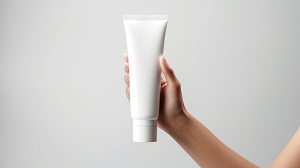 Young woman holding an empty hand cream tube on white background Mockup copy space