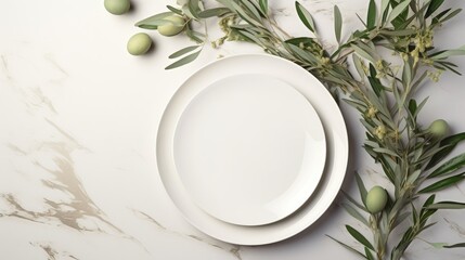 Aufkleber - Top view of an elegant wedding table with invitation card and porcelain plates adorned with olive branches A modern template with a blank vertical paper card lai. Mockup image