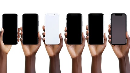 Aufkleber - A black woman using a smartphone to browse the internet and present a blank screen for free use with various hand orientations isolated on a white background. Mockup image