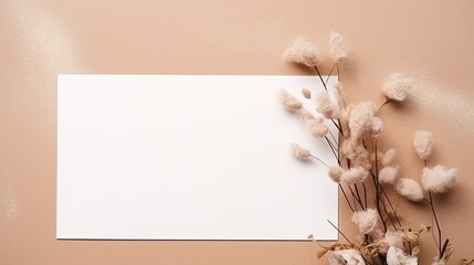 Poster - Empty white paper with flowers and a branch on beige background Invitation card mockup on table Flat lay top view copy space mockup