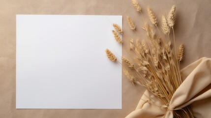 Poster - Paper card with linen cloth dry oats top view beige neutral tone Copy space for text brand and design. Mockup image