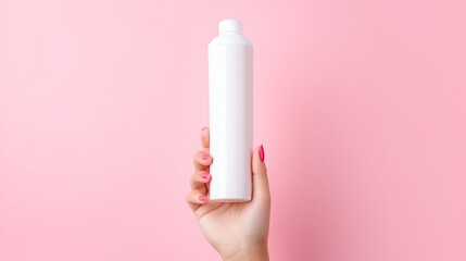 Poster - Blank white squeeze bottle plastic tube being held by young female hands on pink background Copy space for cosmetic beauty product branding mockup