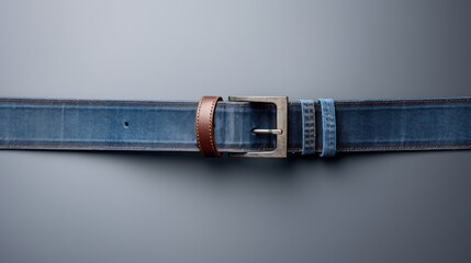 Poster - Blue denim jeans with a leather belt featuring a label sticker and tag White blank space closeup. Mockup image