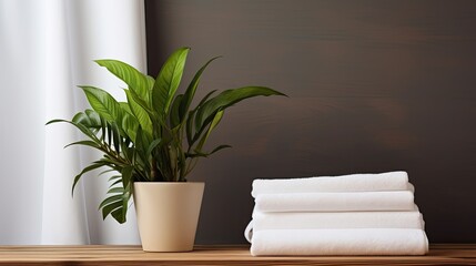 Wall Mural - Copy space on wooden table with wooden poster houseplant and bath towels mockup