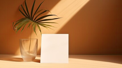 Poster - Card with blank space ginger background with sun shadows Dried palm leaf stem glass vase with sunlight reflections. Mockup image