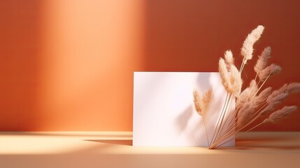 Poster - Orange background with blank cards dry grass and shadows. Mockup image