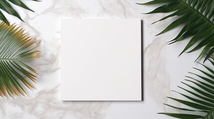 Poster - Minimalist brand template with blank card on marble background adorned with a dried palm leaf. Mockup image