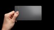 A gray background showcases a female hand clutching a black plastic card. Mockup image