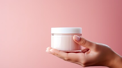 Aufkleber - High quality photo of female hand holding cosmetic cream jar on pink background Copy space available for branding of beauty product. Mockup image