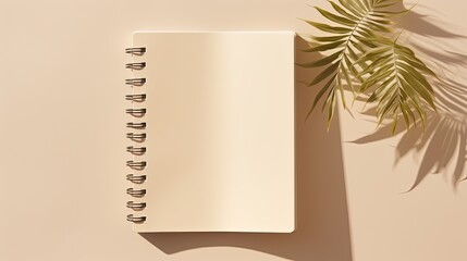 Minimalist business brand template with blank notebook sheet and floral sunlight shadows on beige background. Mockup image