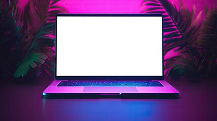 Poster - Neon lit laptop mockup with blank white screen in blue purple environment