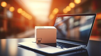 Aufkleber - Blank screen laptop or notebook on service counter in blurred background with EMS parcel delivery office. Mockup image