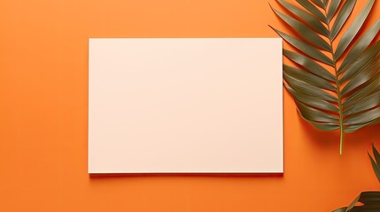 Poster - Minimal brand template with dried palm leaf on orange background featuring blank paper cards for mockup Flat lay top view