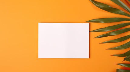 Poster - Minimal brand template with dried palm leaf on orange background featuring blank paper cards for mockup Flat lay top view