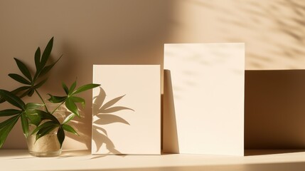 Aufkleber - Minimalist template for business branding with blank cards floral shadows and sunlight on a beige background . Mockup image