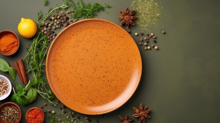 Top view of an orange plate with spices and herbs on an abstract background food mockup