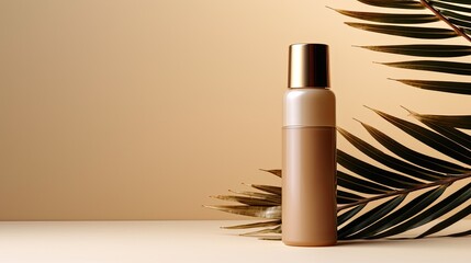 Poster - Cosmetic bottles and cream tube on beige background for skincare concept Mockup copy space