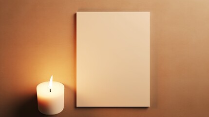 Poster - Minimal business brand template featuring blank cards wooden casket candle and sunlight shadow on beige background. Mockup image