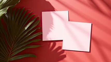 Poster - Minimal business brand template with blank cards dry palm leaf and shadows on red background viewed from above. Mockup image