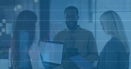 Poster - Animation of multiple graphs and changing numbers, diverse coworkers talking in office