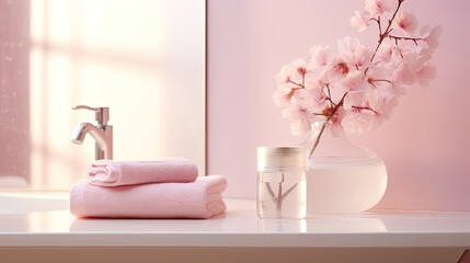 Aufkleber - Pastel pink bathroom decor with elegant accessories and soft lighting. Mockup image
