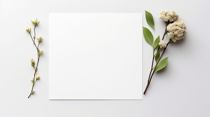 Poster - Minimal business brand template with blank card pen and green floral twig on light gray background Flat lay top view . Mockup image