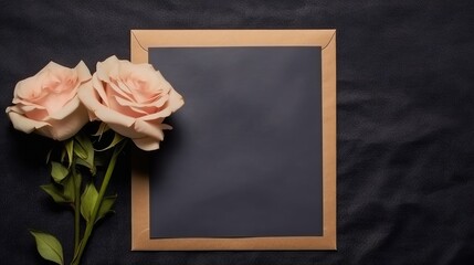 Poster - Mockup of a greeting card with envelope and roses on a dark background blank template