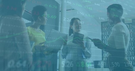 Poster - Animation of trading board, diverse female coworkers discussing holding laptop and digital tablet