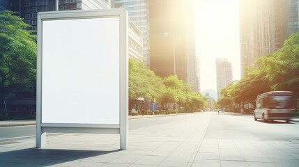 Fototapete - Mock up of a white billboard at a bus stop on a city street with buildings and road in the background on a sunny summer day. Mockup image